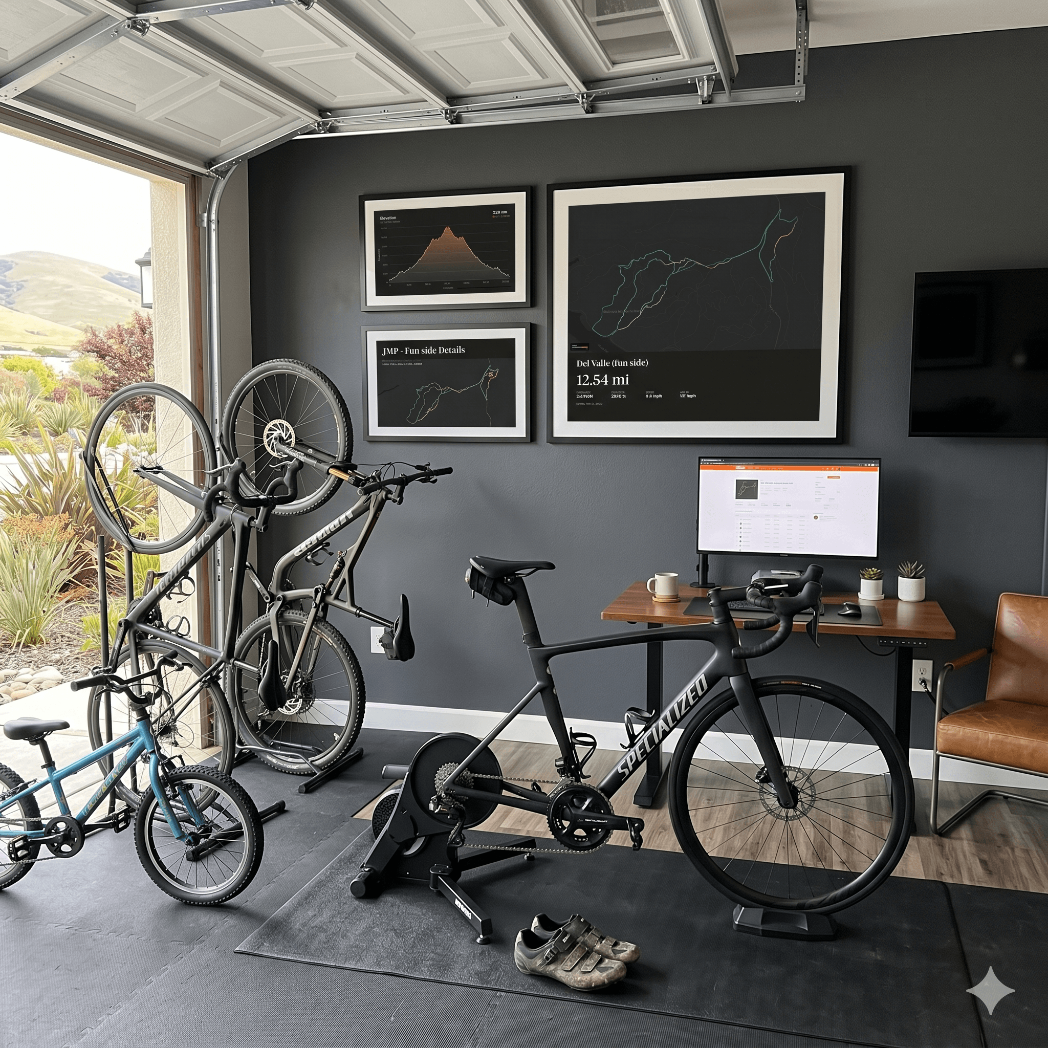 Del Valle and JMP posters framed in a garage bike room