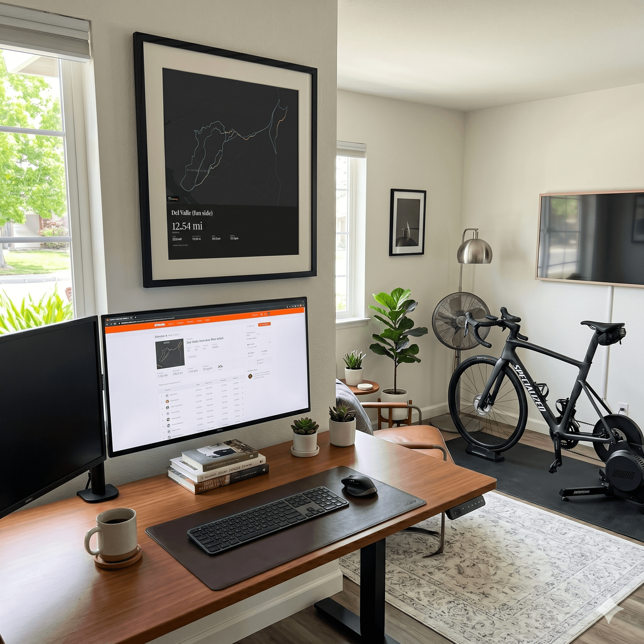 Del Valle poster framed above a home office desk with Strava open