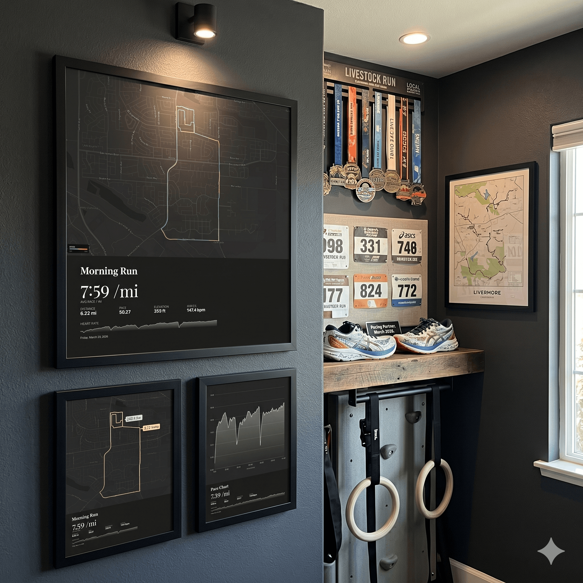 Morning Run poster in a home running room with race medals and bibs